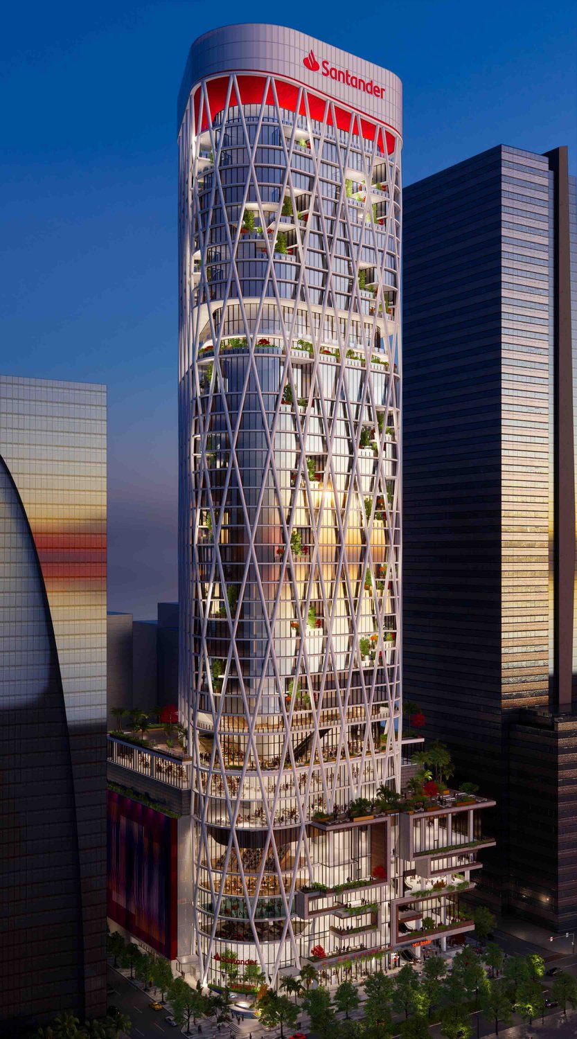 Evening rendering of 1401 Brickell by Santander with illuminated crown signage