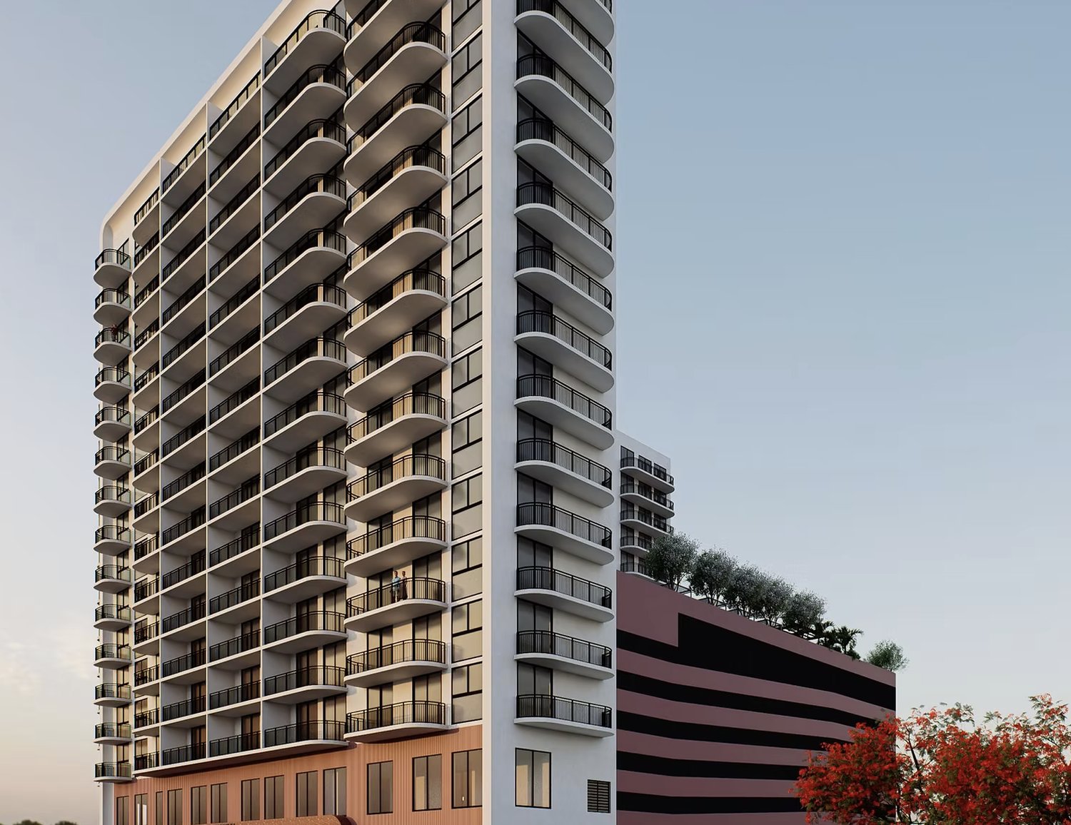 Rendering of Aurevia's tower rising above its parking podium