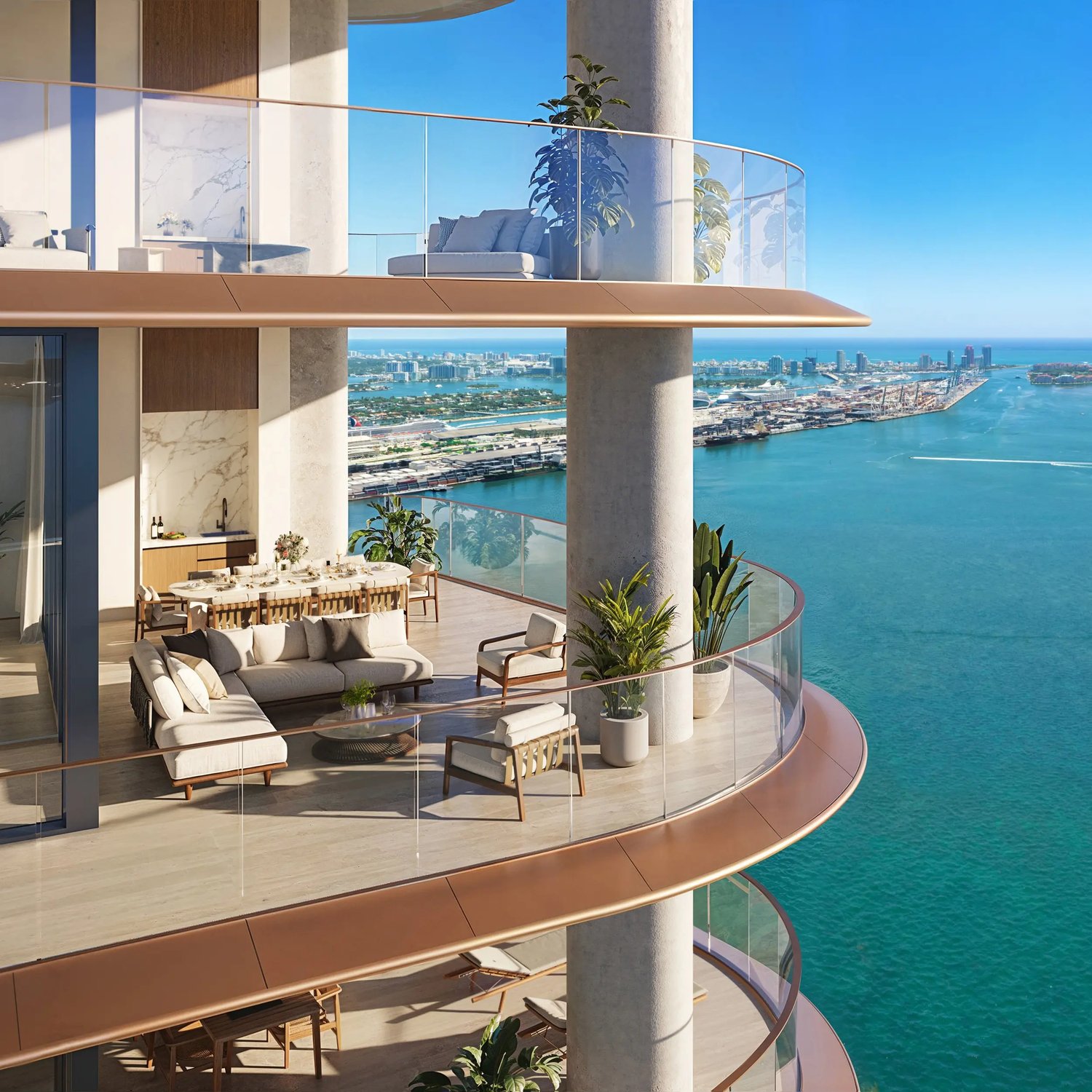 Rendering of wraparound residence terraces at The Residences at Mandarin Oriental, Miami overlooking Biscayne Bay