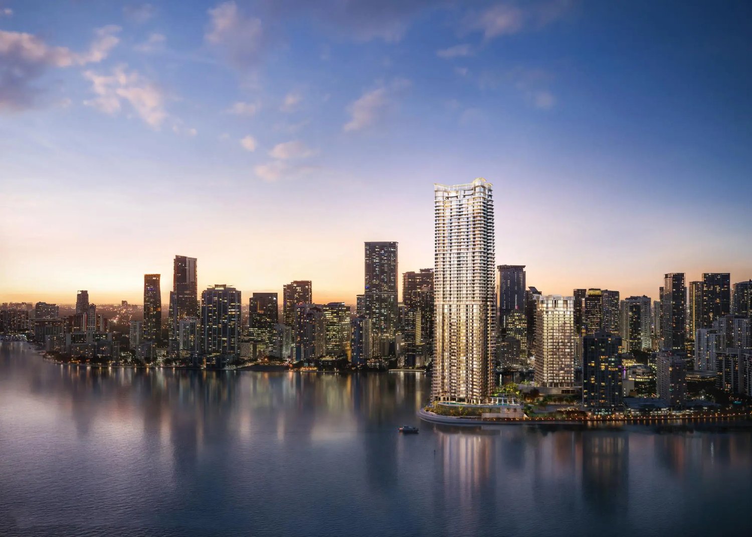 Dusk rendering of The Residences at Mandarin Oriental, Miami rising over the Brickell skyline
