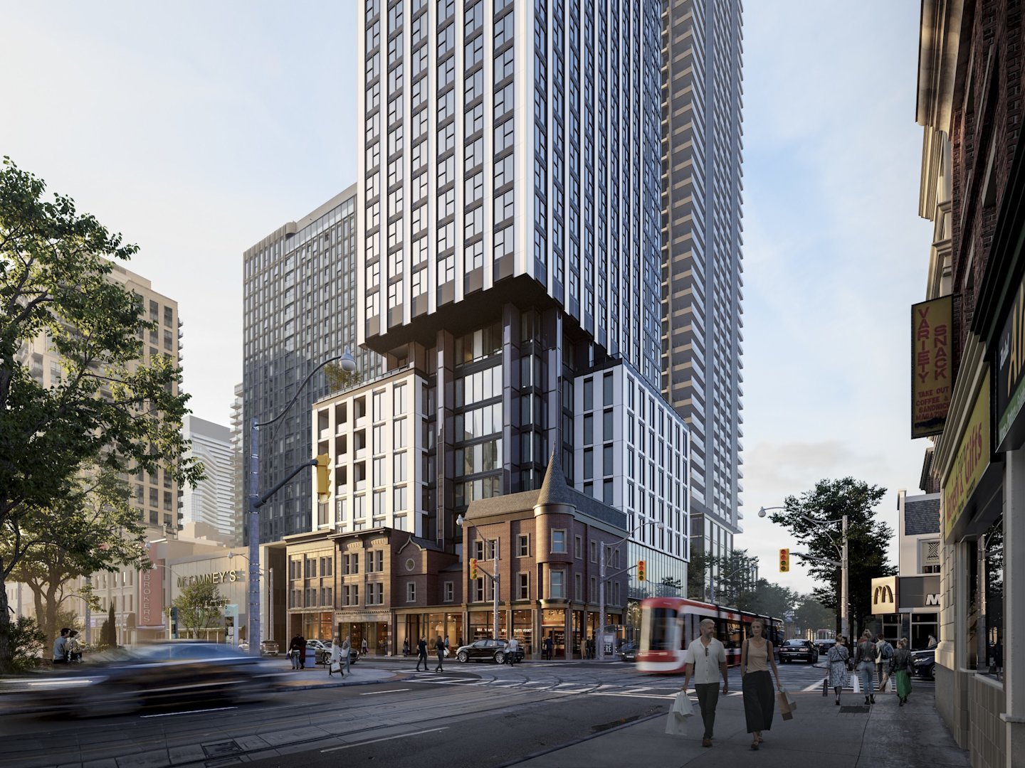 Street-level rendering of QueenChurch at Queen and Church, showing heritage facades at the base