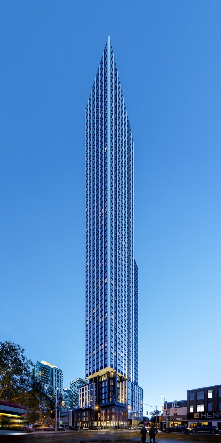 Full-height rendering of the QueenChurch tower at dusk