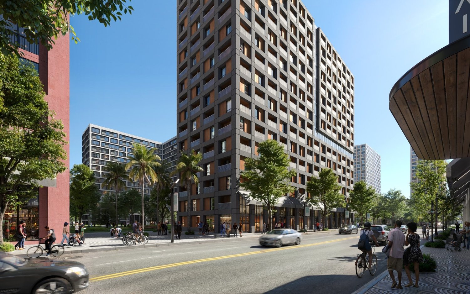 Street-level rendering of residential buildings in the Little River District