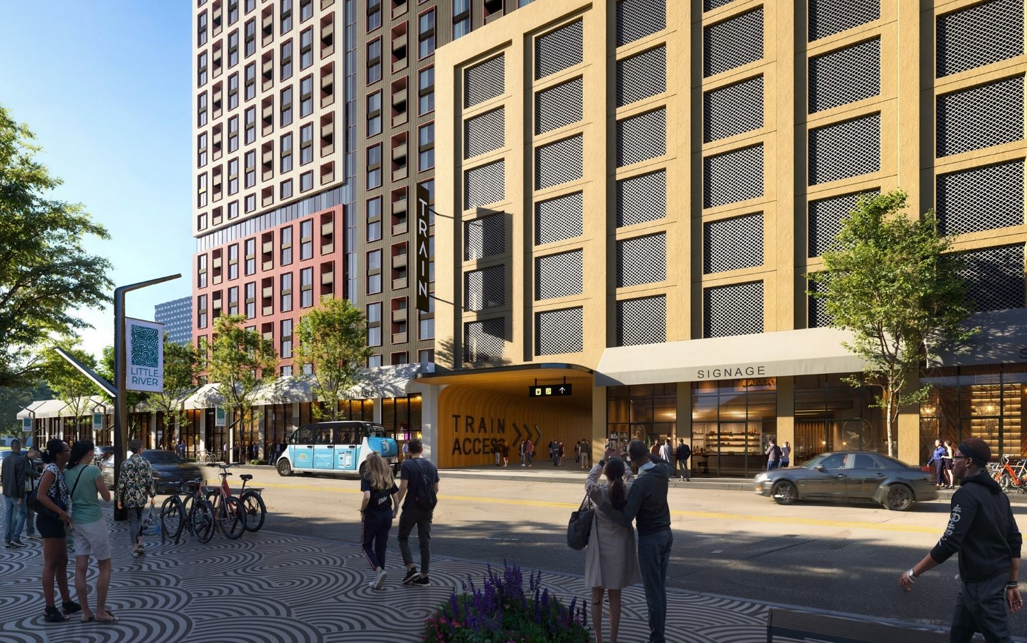 Rendering of the Little River District's planned train station access and streetscape