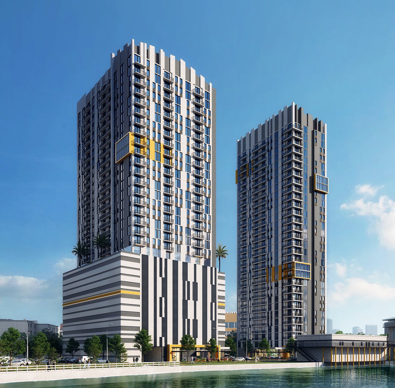 Riverfront rendering of Gallery at Lummus Parc's twin residential towers