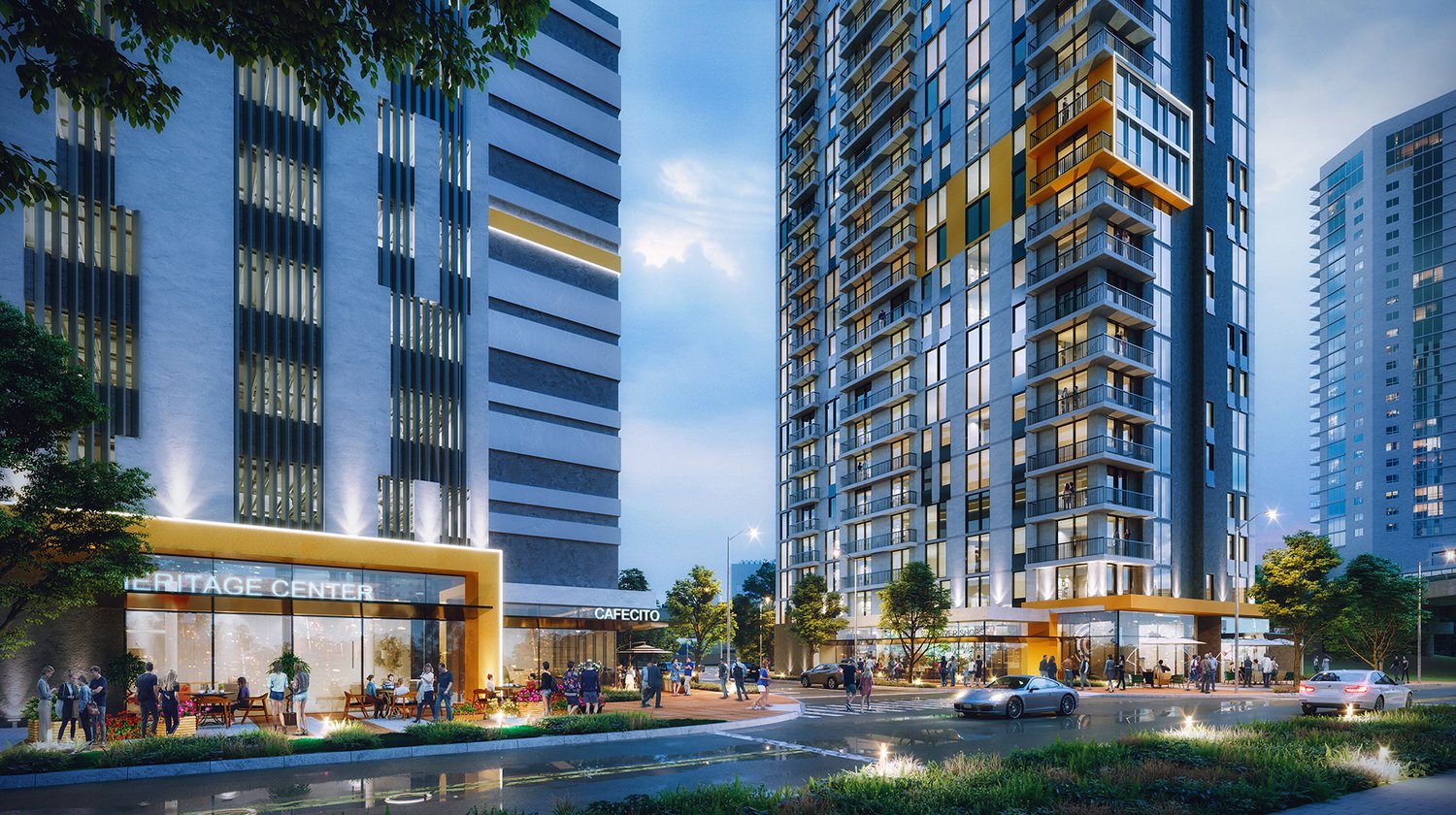 Dusk rendering of Gallery at Lummus Parc's ground-floor retail and Heritage Center