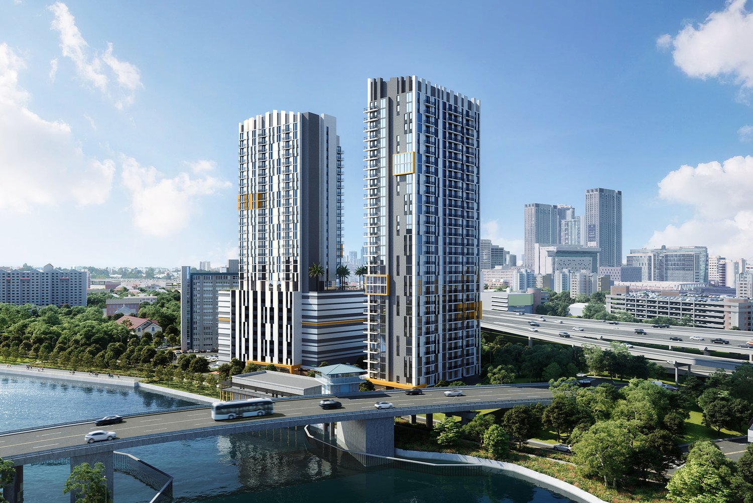Rendering of the twin towers at Gallery at Lummus Parc along the Miami River