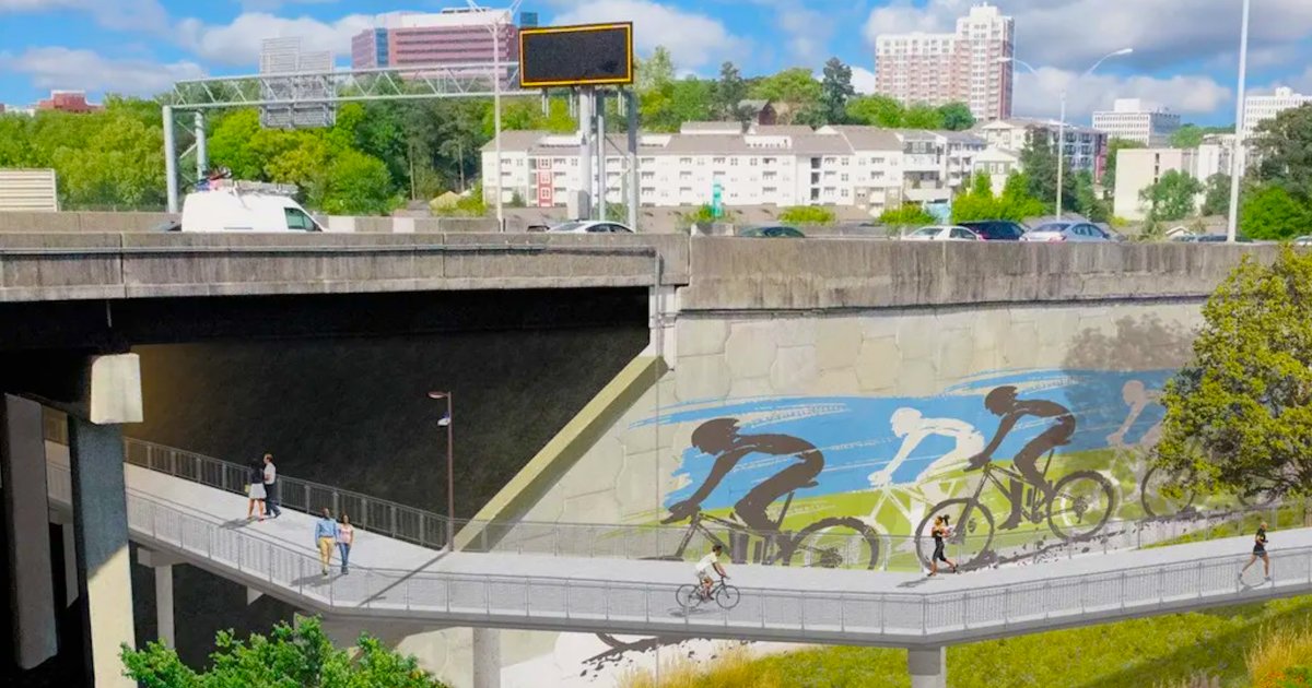 Rendering of the Northwest Trail Segment 3B alignment under the freeway with cyclist mural (Image: Atlanta Beltline Inc.)