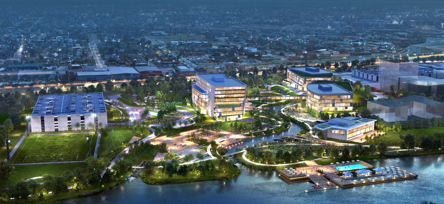Aerial rendering of the Oracle East Bank World Headquarters Campus at night, showing the riverfront park and office buildings along the Cumberland River