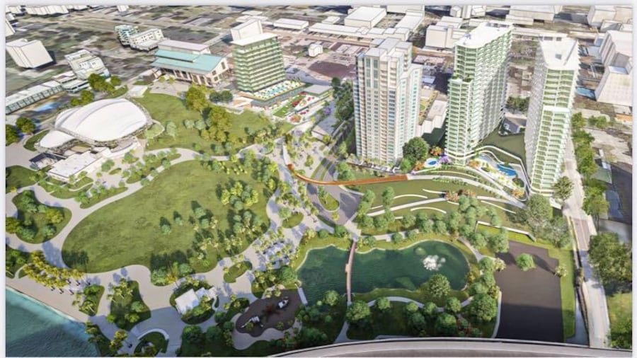Aerial rendering of The Bluffs towers overlooking Coachman Park in downtown Clearwater
