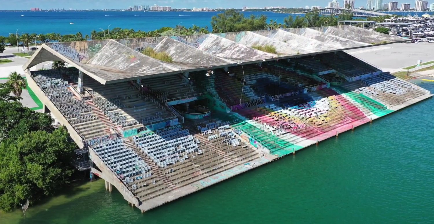 Aerial view of the existing Miami Marine Stadium on Virginia Key, slated for restoration and a new flex park