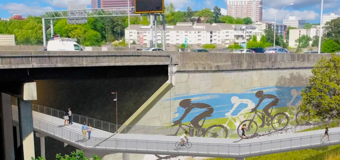 Detail rendering of the Segment 3B trail and mural wall beneath the freeway overpass