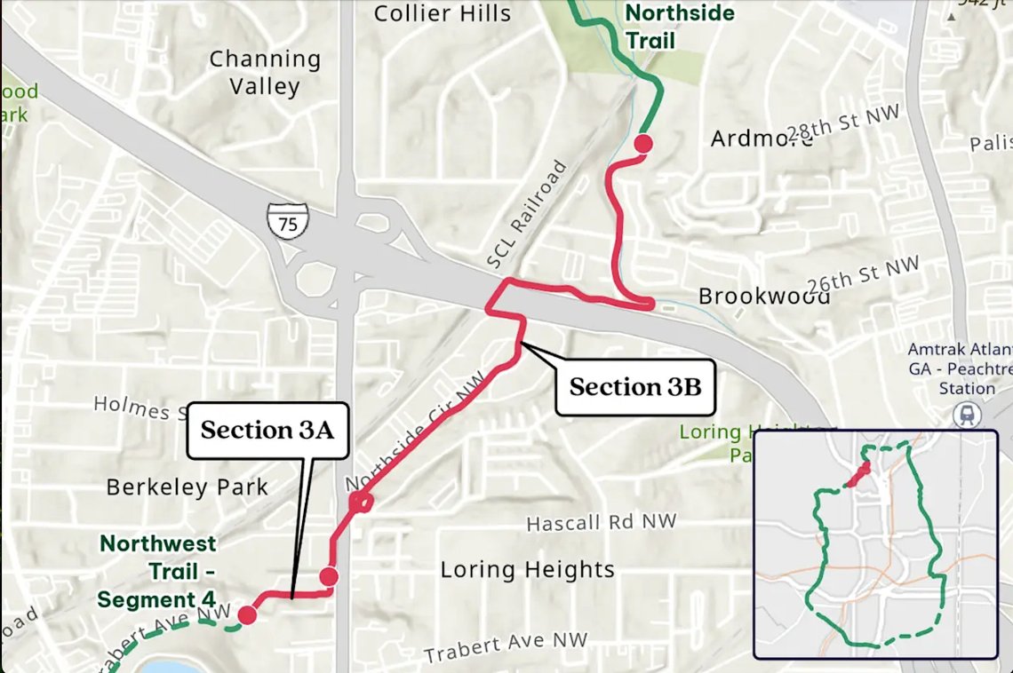Map showing the alignment of Northwest Trail Sections 3A and 3B
