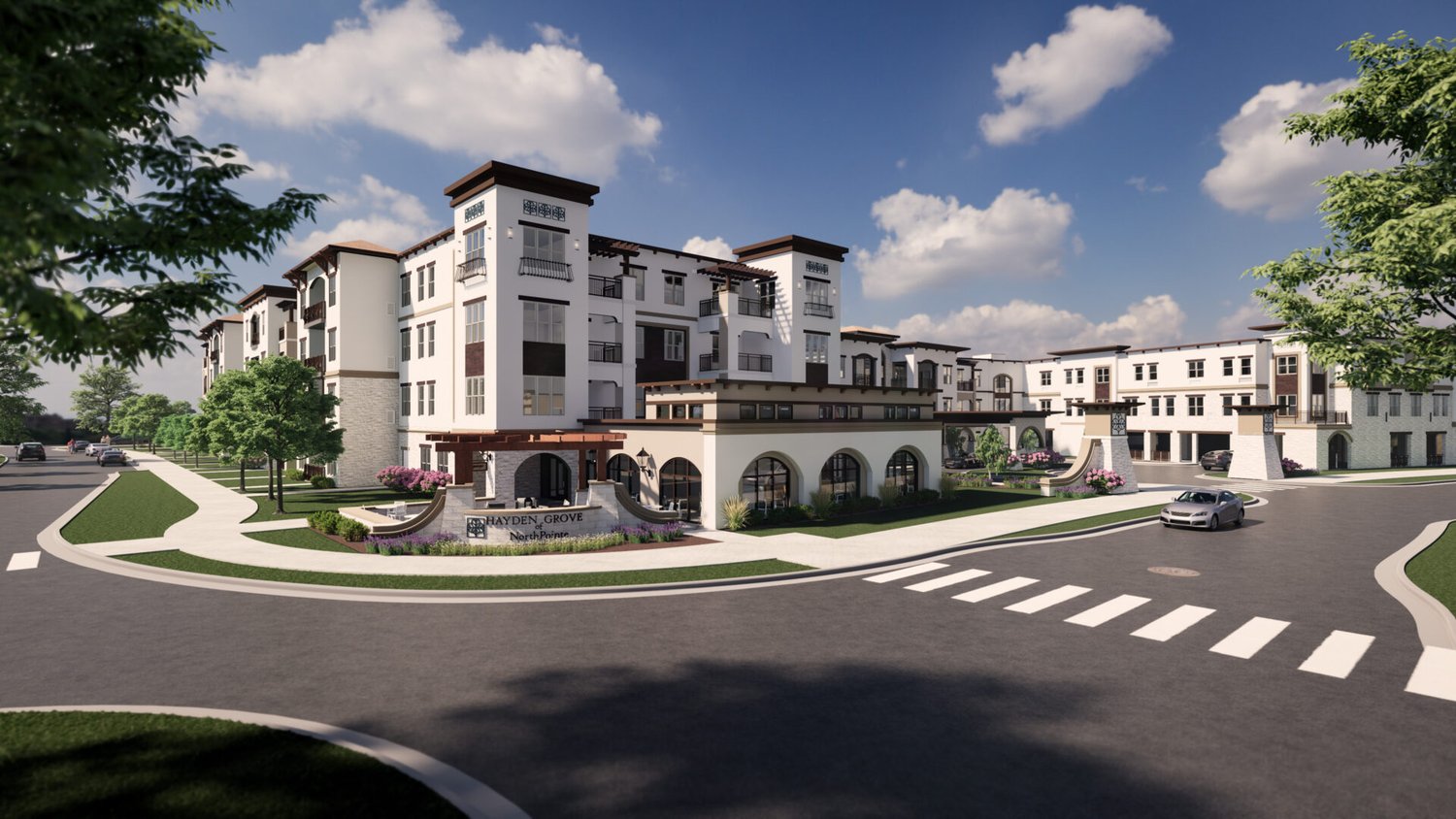 Rendering of the main entry to Hayden Grove Northline Senior Living in Leander