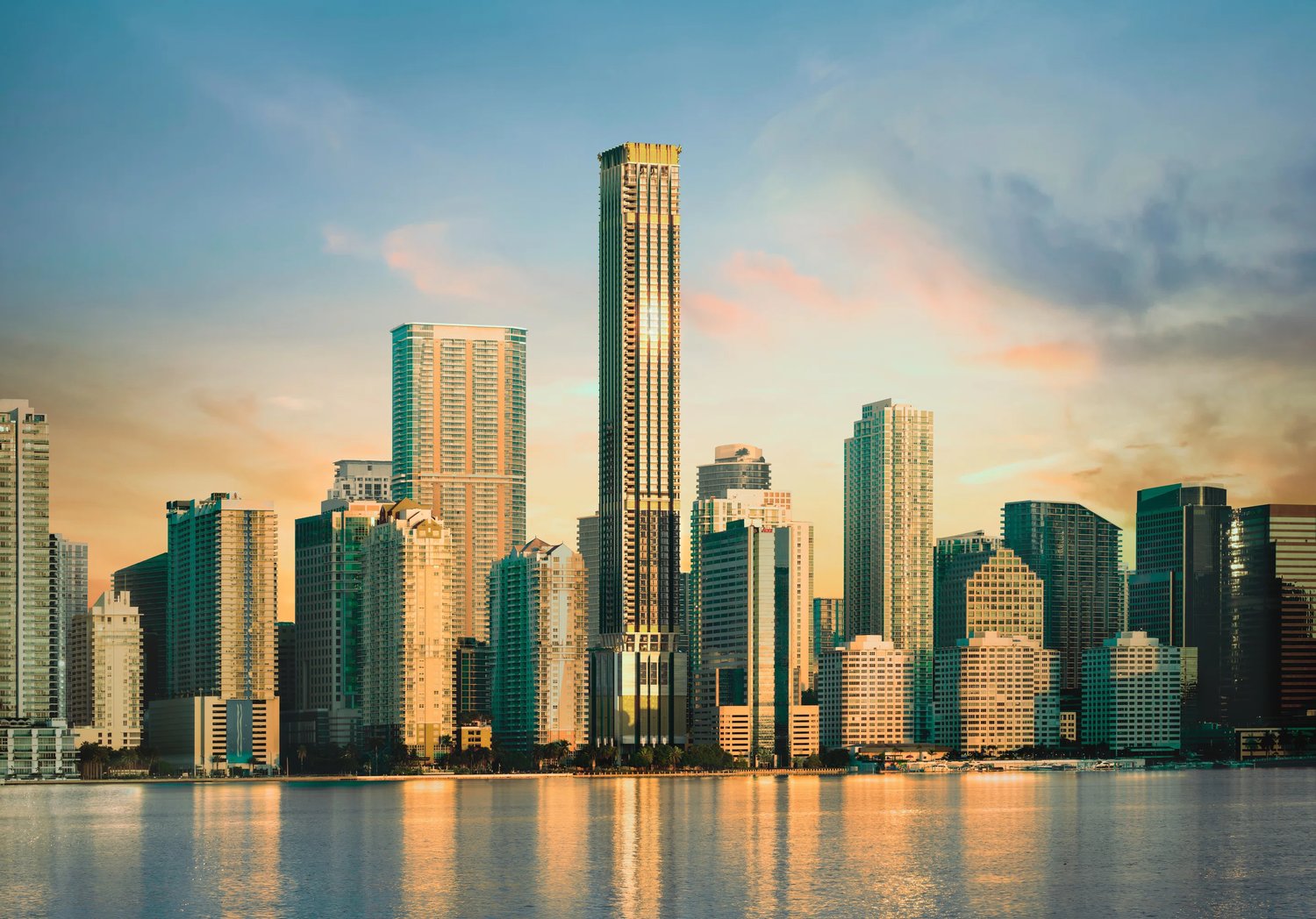 Rendering of 888 Brickell by Dolce & Gabbana rising above the Brickell skyline