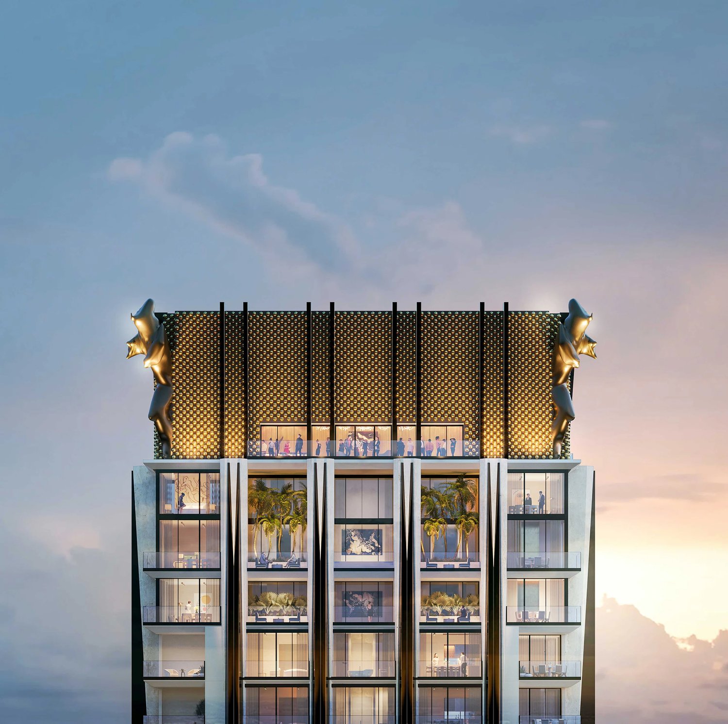 Detail rendering of the gold-lattice crown and amenity terrace at 888 Brickell
