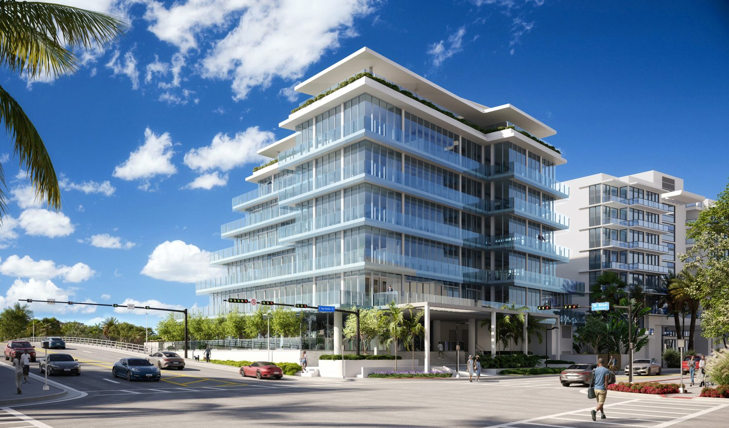 Street-level rendering of One Kane at 9551 East Bay Harbor Drive