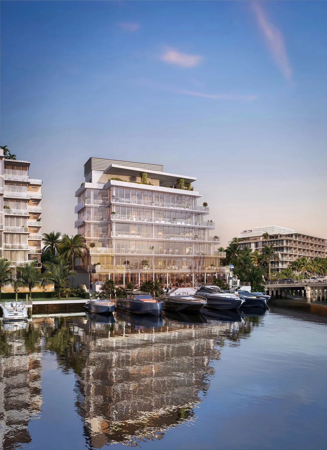 Rendering of One Kane viewed from the water, with private boat slips