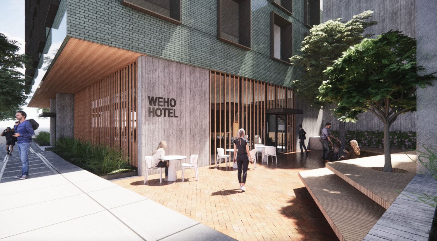 Rendering of the hotel entry plaza at the Martin & Merritt development in Wedgewood-Houston