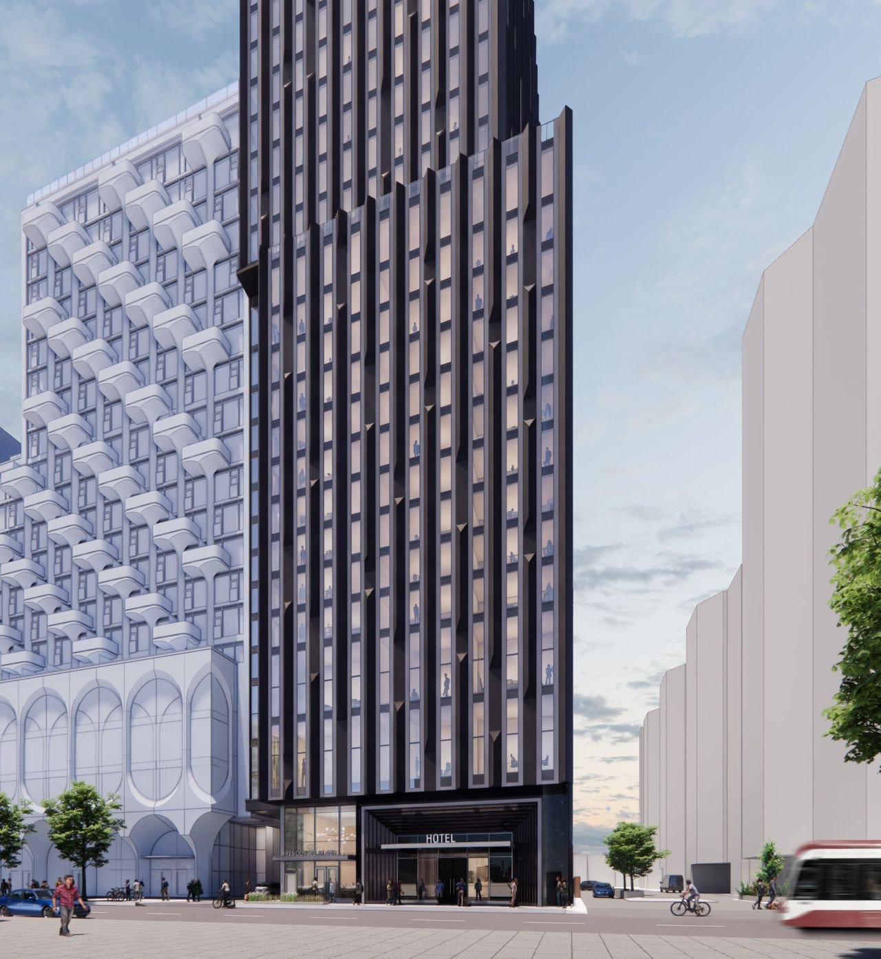 Rendering of the revised 30-storey 689 King Street West proposal, showing the hotel entrance at grade