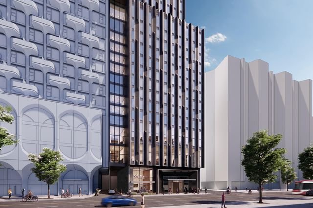 Street-level rendering of the revised 689 King Street West hotel and rental tower