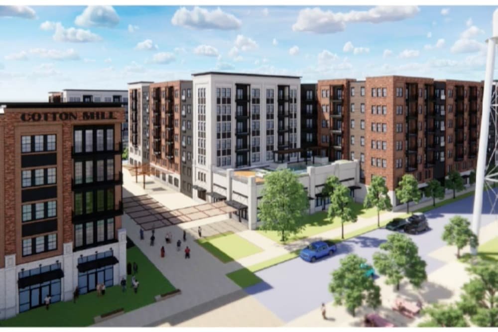 Rendering of the McKinney Mill mixed-use redevelopment with the historic Cotton Mill building