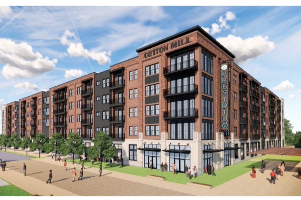Street-level rendering of the Cotton Mill building at the McKinney Mill redevelopment