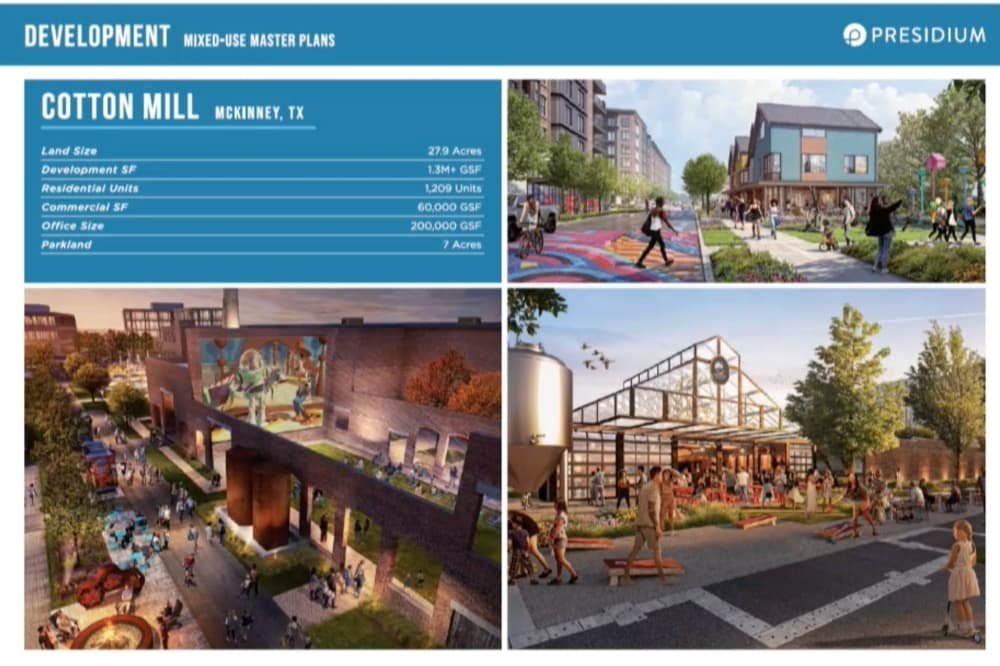 Presidium's Cotton Mill master plan overview with district renderings and program statistics