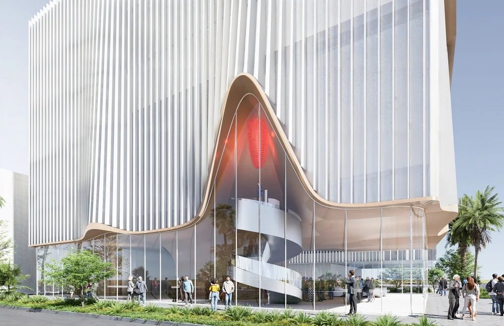 Detail rendering of the expansion's glass-enclosed lobby and sculptural base