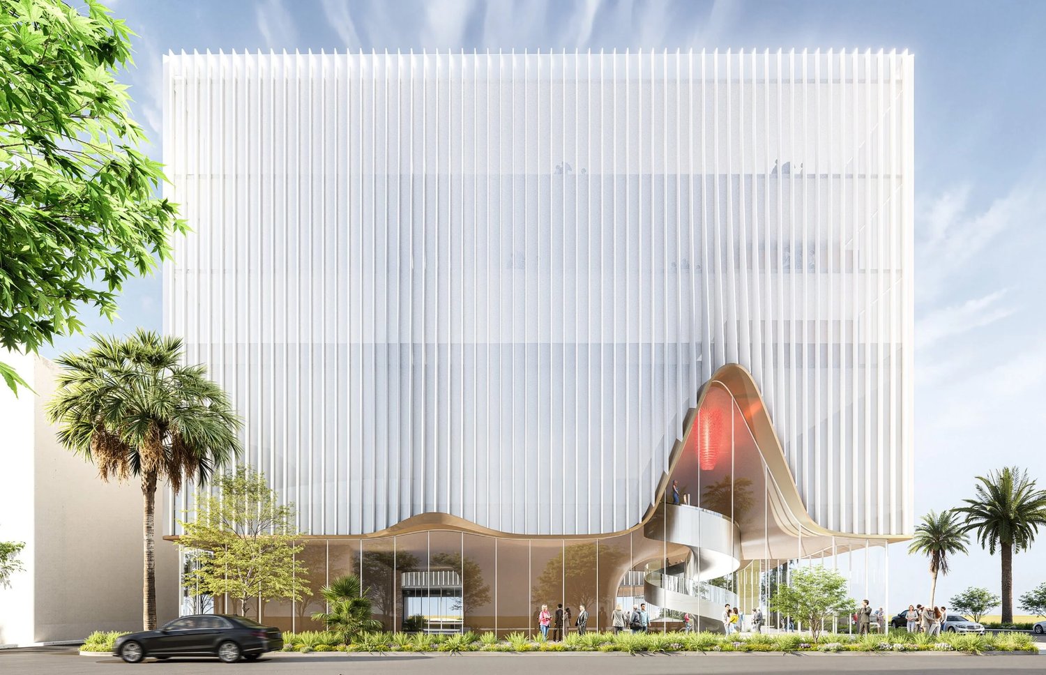 Elevation rendering of the proposed expansion's finned facade and entry canopy