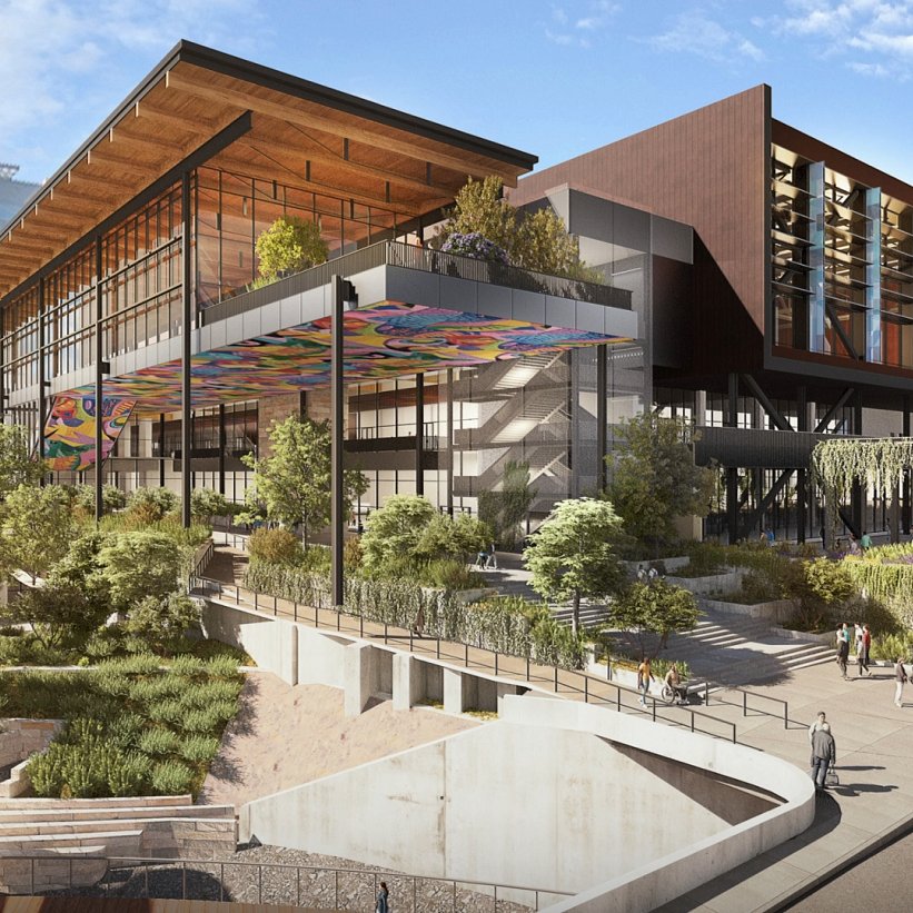 Rendering of the expanded convention center's terraced entry and canopy with integrated public art