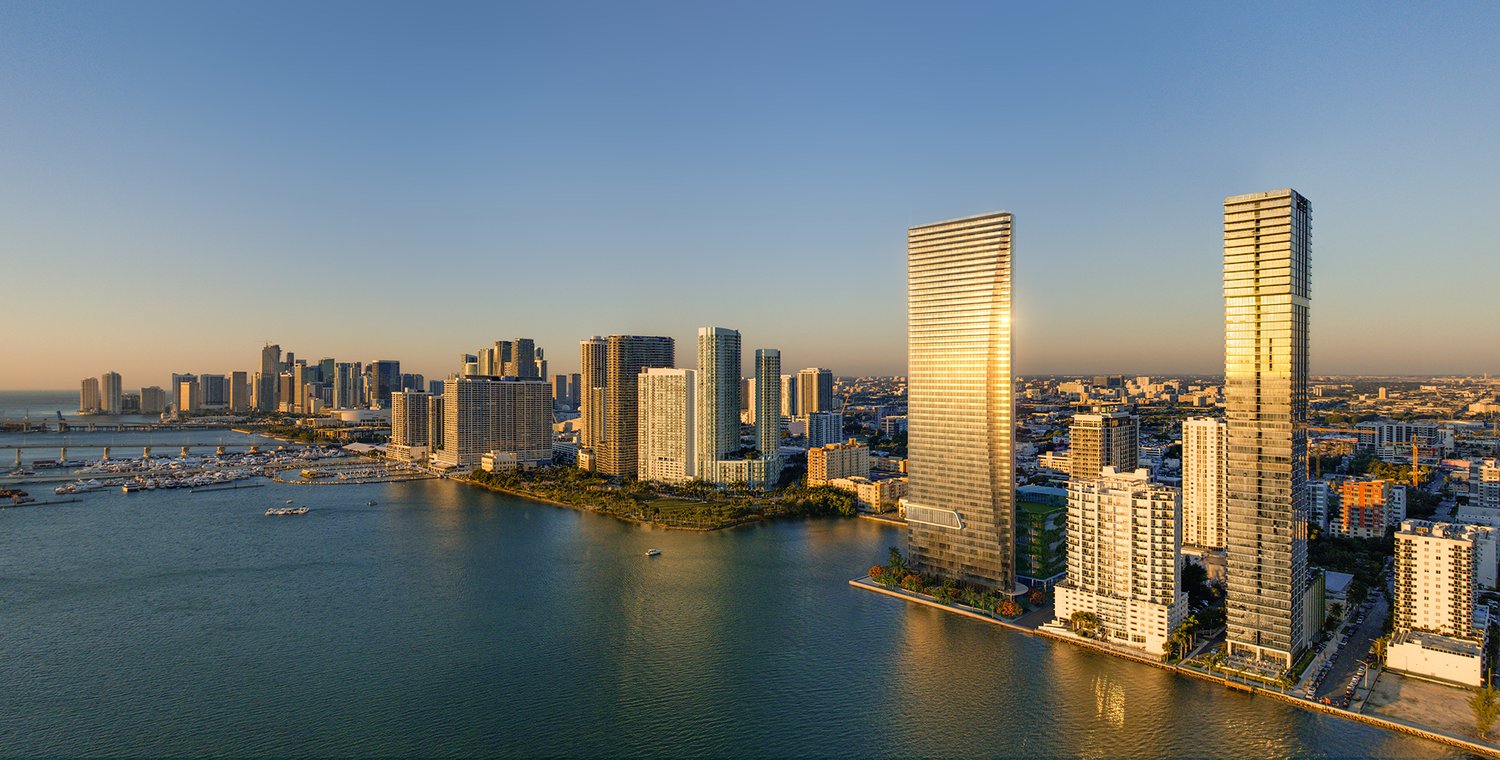 Aerial rendering of EDITION Residences (center) within the Edgewater and downtown Miami skyline