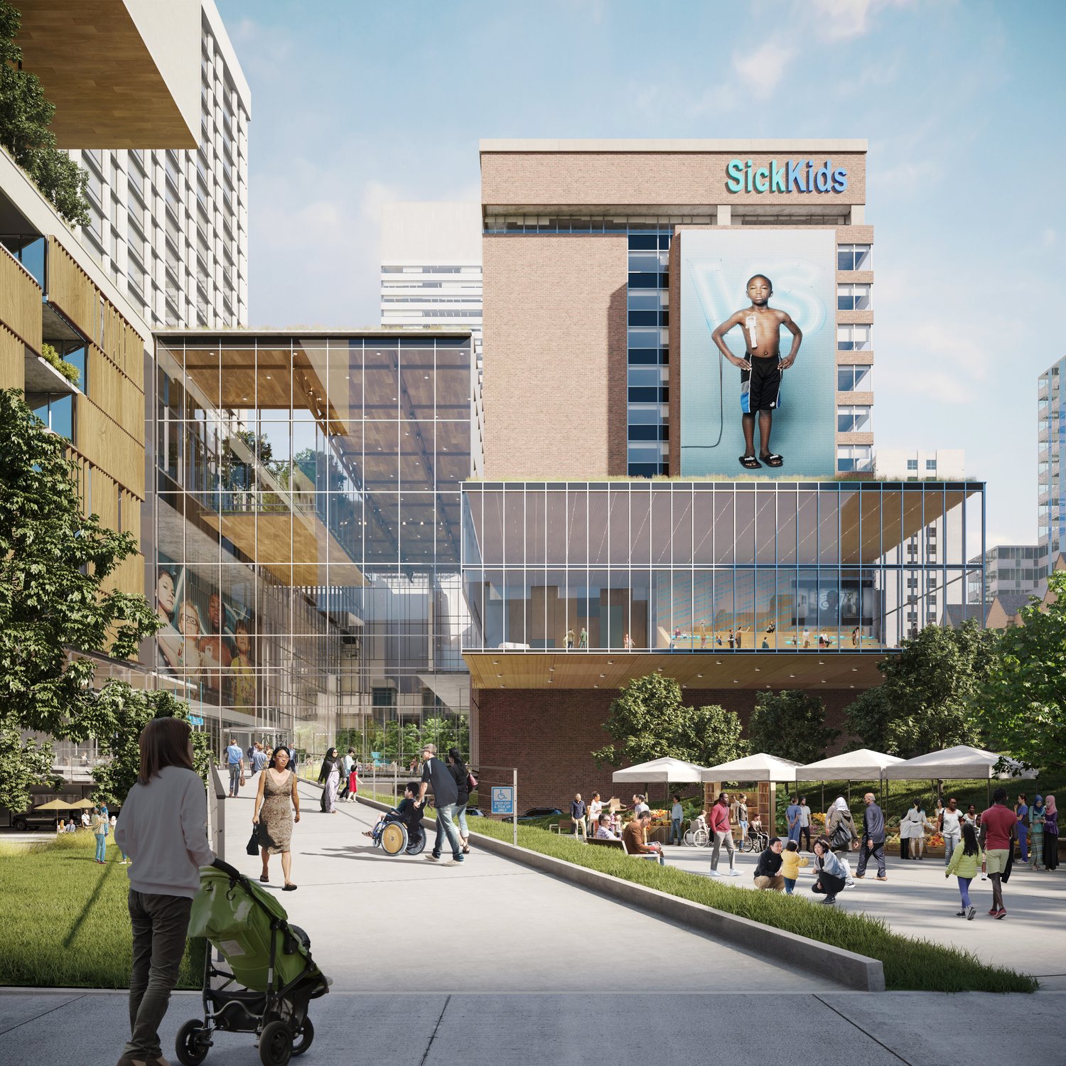 Rendering of the Project Horizon public plaza with the existing SickKids tower beyond
