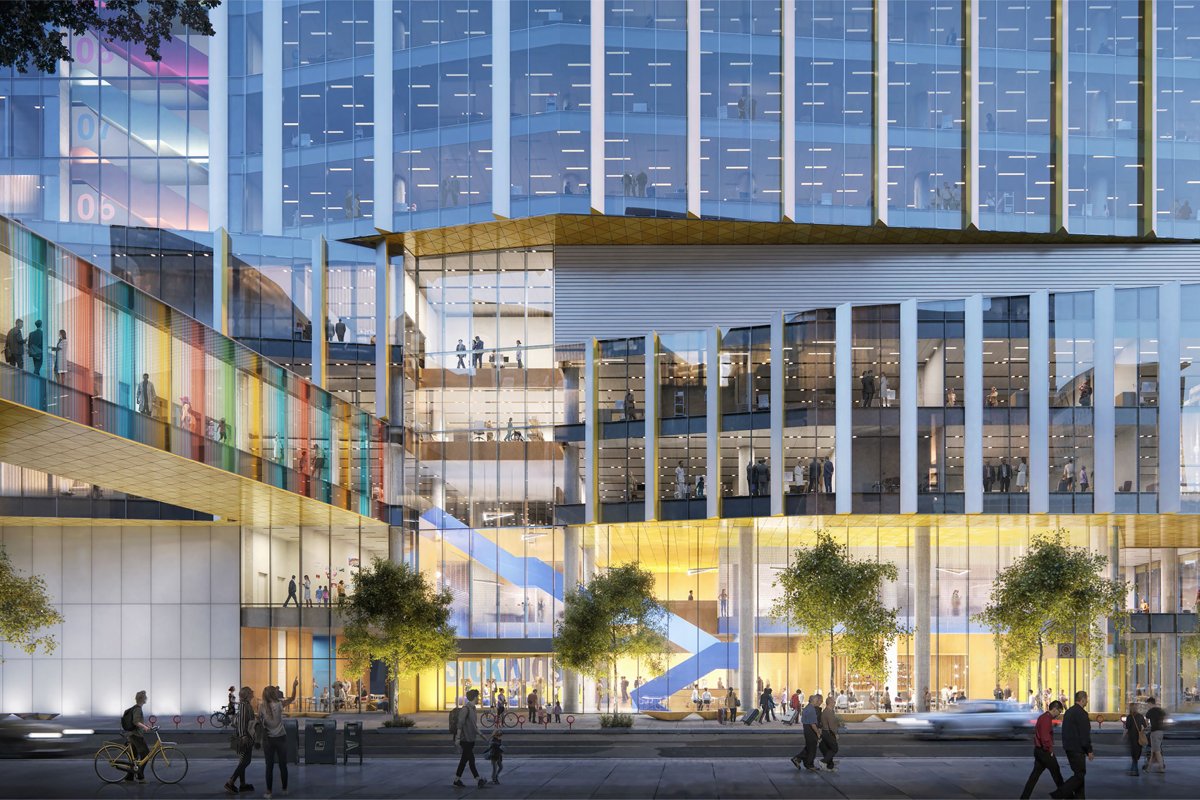 Street-level rendering of the Project Horizon tower at dusk, showing the illuminated podium and pedestrian bridge