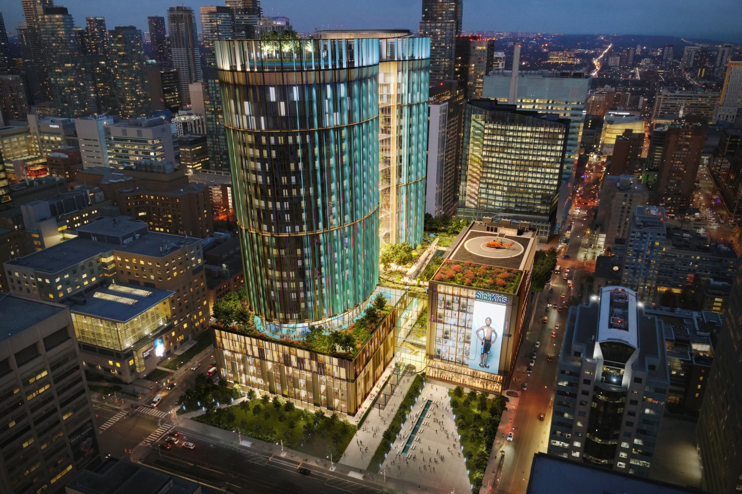 Aerial night rendering of the Project Horizon campus and new patient tower