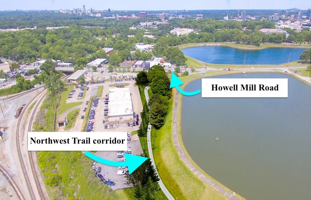 Aerial view of the Northwest Trail corridor along Howell Mill Road beside the Atlanta Water Works reservoir