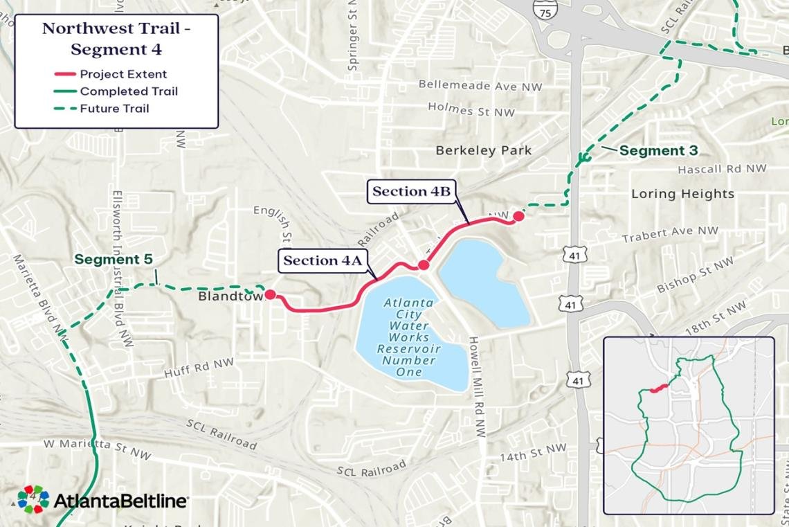 Official Atlanta Beltline map of Northwest Trail Segment 4, from English Street past the Water Works Reservoir