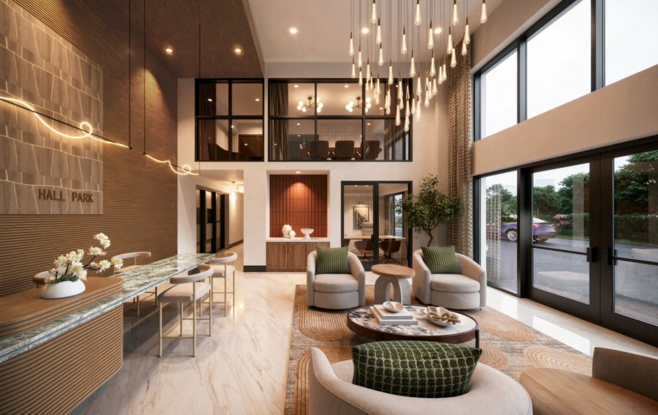 Rendering of the residential lobby at Terra Residences, Hall Park