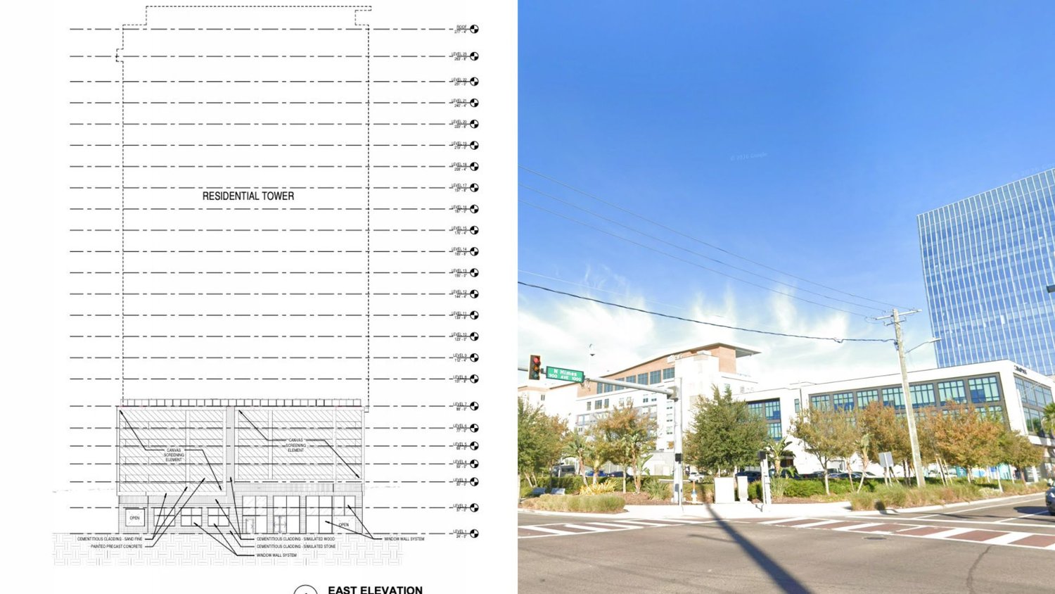 Filed east elevation for the proposed 23-story Midtown South Tower at 3615 W Cypress Street, with a current street view of the site