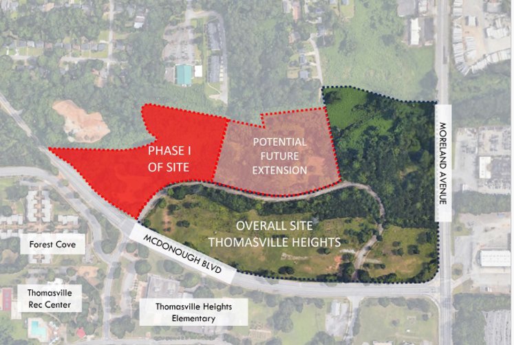 Site map showing Phase I of the Thomasville Heights redevelopment along McDonough Boulevard between Welch Street and Moreland Avenue