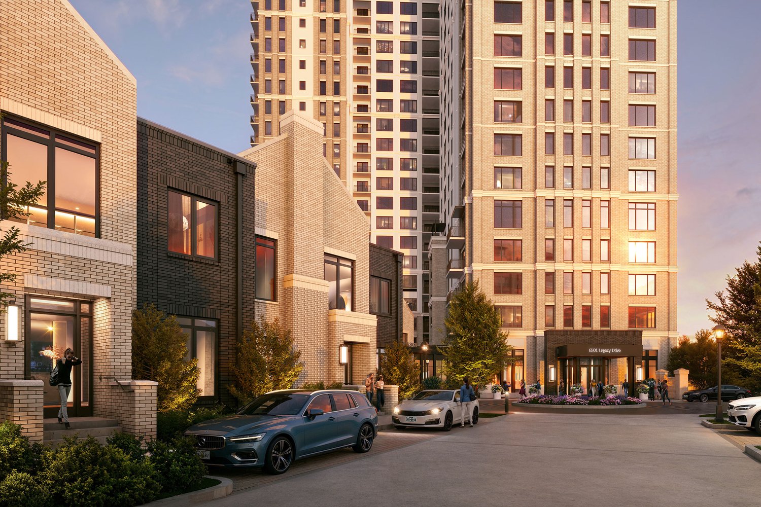 Street-level rendering of the tower entrance at 6501 Legacy Drive with adjacent townhomes