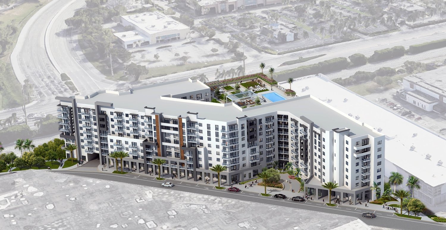 Aerial rendering of Avida Aventura showing the rooftop amenity deck