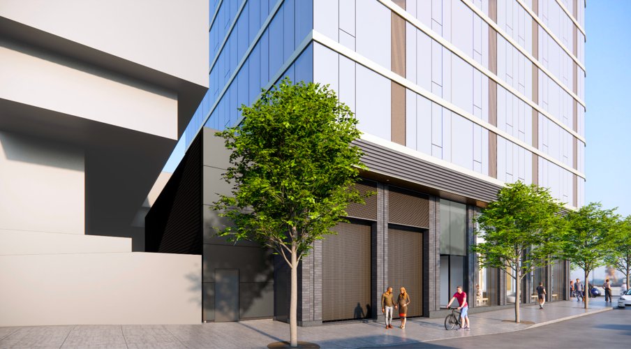 Street-level rendering of the 901 MLK tower podium