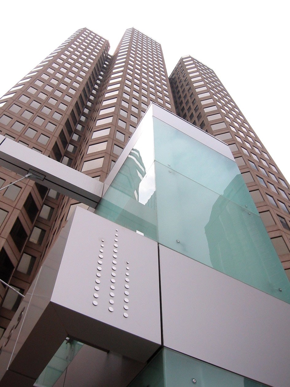 Base of 2100 Ross Avenue showing its clustered tower shafts