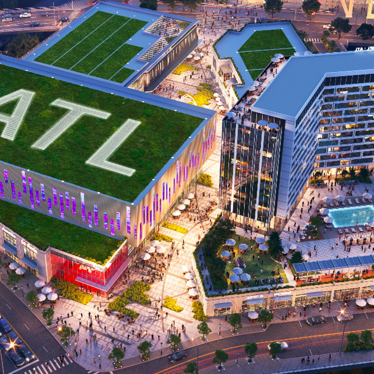 Close-up aerial rendering of Centennial Yards' entertainment venue and hotel plaza