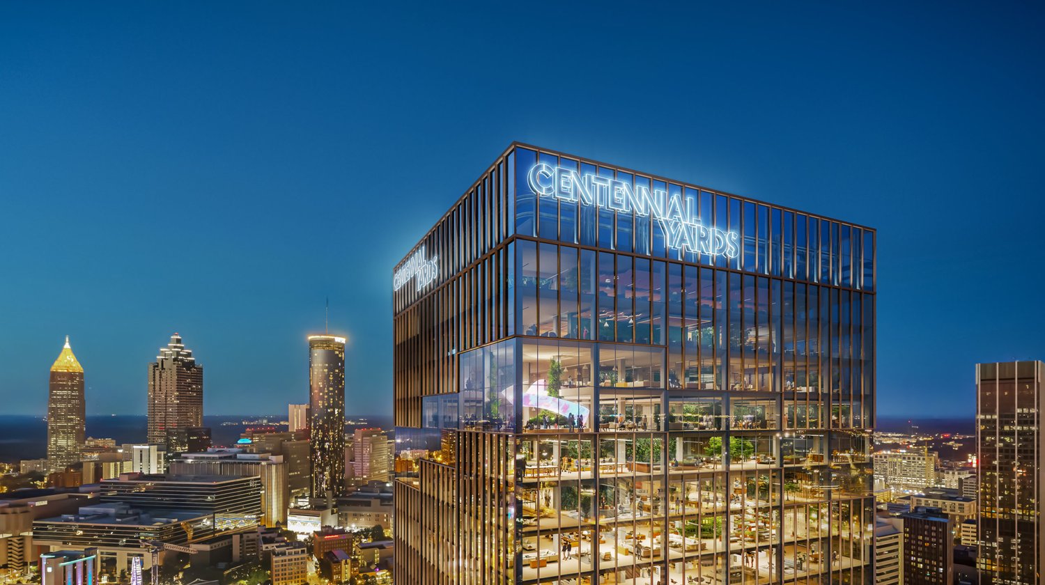Rendering of the Centennial Yards office tower with illuminated crown signage