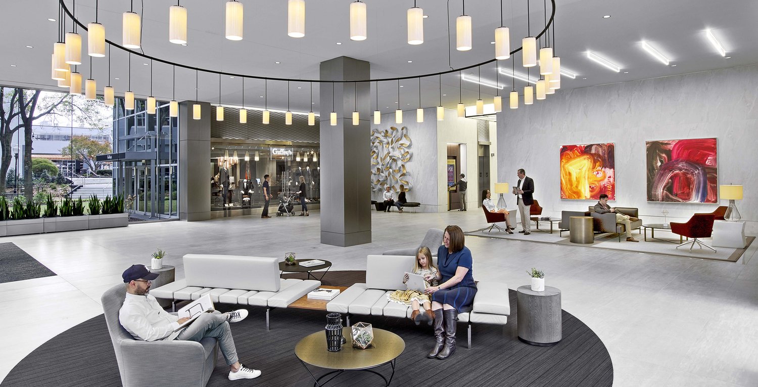 Renovated lobby of Tower Place 100, designed by Smallwood, Reynolds, Stewart, Stewart