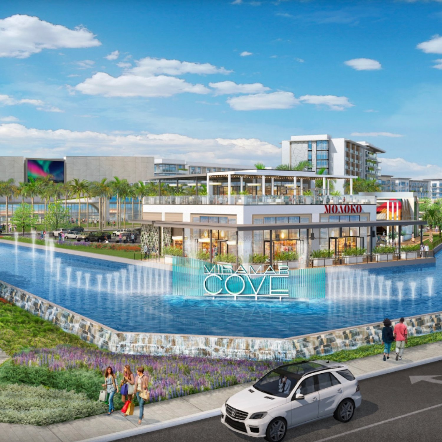 Rendering of the signature Miramar Cove fountain and restaurant pavilion