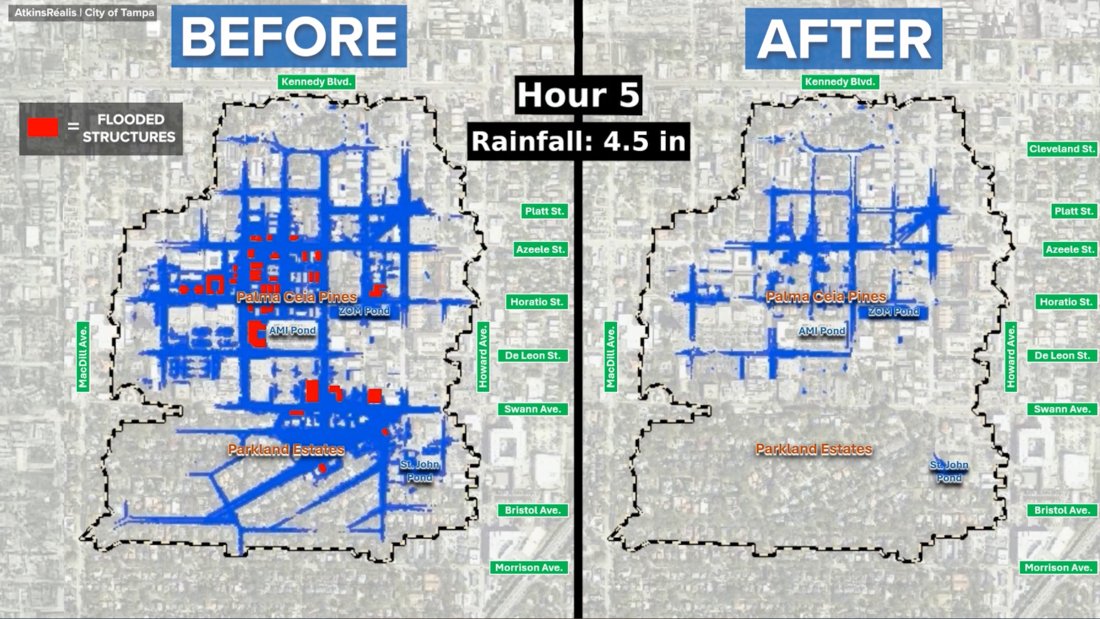 City of Tampa flood modeling shows reduced flooding (right) after the South Howard Flood Relief Project improvements