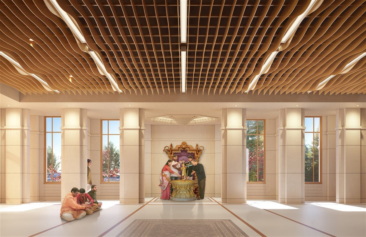 Interior rendering of the assembly hall at the planned BAPS Shri Swaminarayan Mandir in Matthews